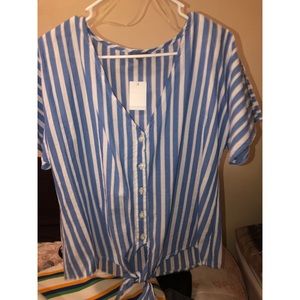 blue and white stripped botton down shirt